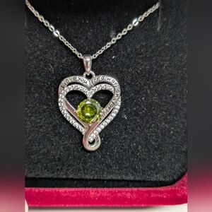 Silver Heart Pendant Necklace with Green Gemstone